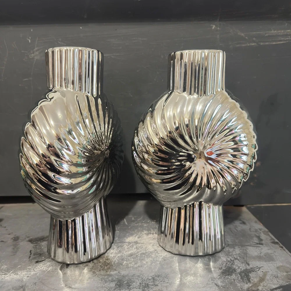 Sculptural Decorative Vase PAIR Modern Chrome Silver Swirl Ribbed Ceramic 9.5
